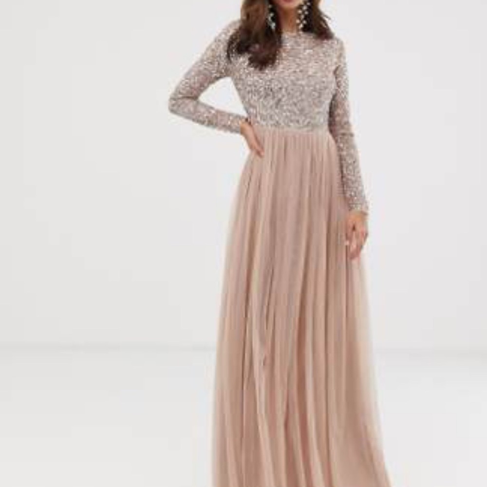 ASOS Blush Sequin Top with Tan Maxi Skirt